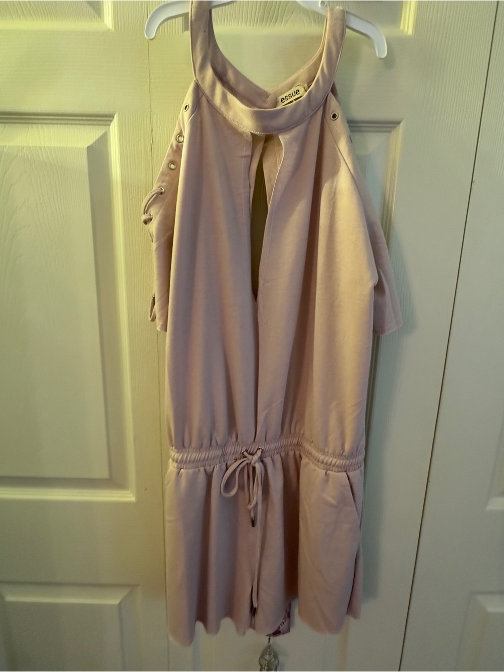 essue Blush Pink Halter Romper with Drawstring Detail